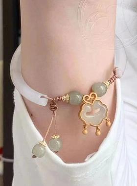 古风平安锁手镯女仿玉镯子一半手镯一半手链手饰新中式闺蜜手环