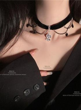 暗黑系哥特山茶花吊坠黑色流苏绒布万圣节颈链气质choker禁欲系