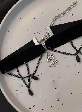 暗黑系哥特山茶花吊坠项圈女黑色流苏绒布choker颈链甜酷辣妹配饰