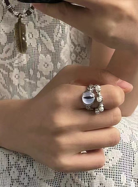 重工小众暗黑双层猫眼珍珠戒指女ins嘻哈个冷淡风感开口指环