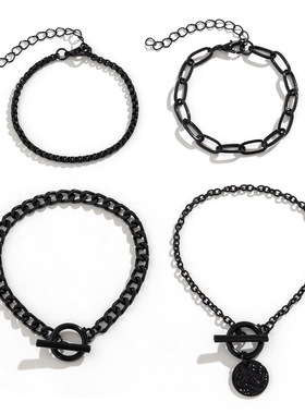 欧美跨境饰品 甜酷黑色万圣节钱币吊坠手链套装 个性金属链条手饰