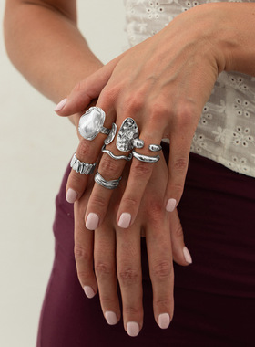 欧美跨境巴洛克ins仿珍珠戒指套装 设计感不规则液态金属褶皱指环