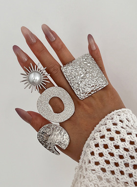 欧美跨境夸张不规则金属敲打纹开口戒指女 ins几何圆环仿珍珠指环