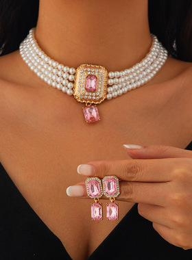 欧美跨境气质轻奢方形满钻宝石项