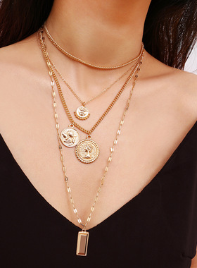 欧美跨境饰品 复古钱币圆牌创意浮雕项饰女 简约多层几何百搭项链