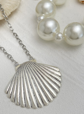 欧美跨境夸张金属大扇贝壳吊坠项
