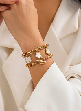 欧美跨境嘻哈朋克水钻链条五叶草手链 简约几何光面手镯Bracelet