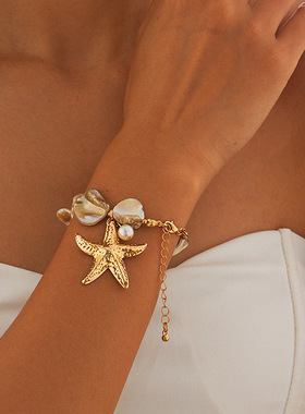 欧美跨境度假风夏日海星贝壳片项链女 沙滩海螺珍珠项饰necklace