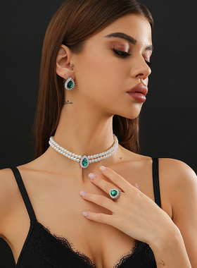 欧美跨境复古轻奢绿色宝石仿珍珠