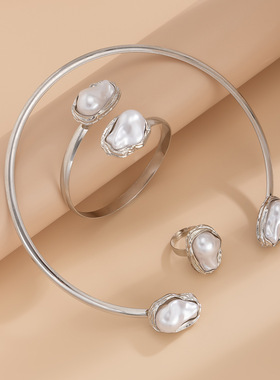 欧美跨境ins风异形巴洛克珍珠项圈choker 通勤风简约金属开口项饰