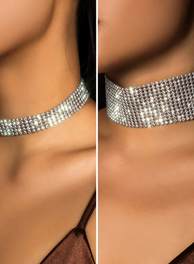 欧美跨境饰品 夸张满钻束颈项圈choker女 个性宽面闪钻秀场项饰
