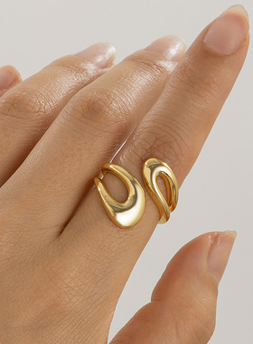欧美跨境饰品设计感嘻哈金属水滴抱抱戒指 简约ins风几何开口指环