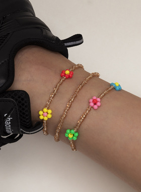 波西米亚甜酷彩色小花朵米珠手链