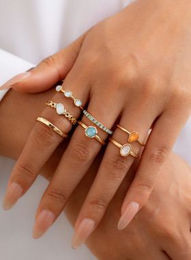 欧美跨境ins冷淡风不规则宝石戒指套装 个性金属质感指环rings女