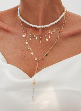 欧美跨境甜酷ins仿珍珠串珠锁骨