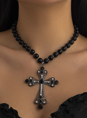 欧美跨境赛博朋克镶钻十字架项链