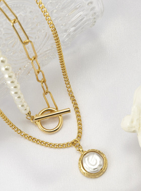 欧美跨境饰品 气质冷淡风珍珠吊坠项饰 复古百搭金属ot扣链条项链