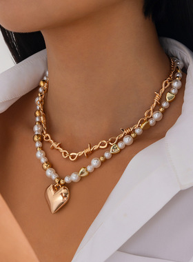 欧美跨境ins双层仿珍珠爱心吊坠项链 设计感金属扭结链条叠戴项饰