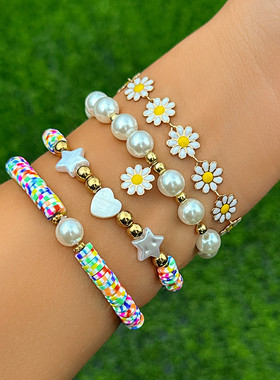 欧美跨境饰品 金属风猪鼻扣圆珠链条手链 创意小雏菊彩色软陶手饰