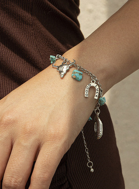 欧美跨境饰品复古民族风仿松石牛头锁骨项链女西部牛仔风帽子项饰