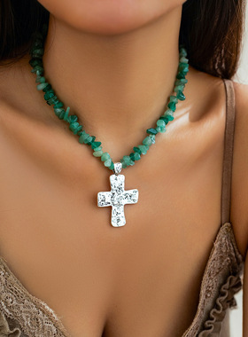 欧美跨境时尚不规则碎石十字架项