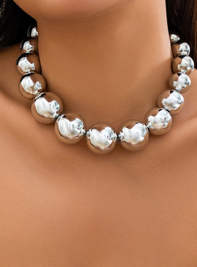 欧美跨境个性时尚赛博风多层圆珠桃心项饰气质可拆卸大爱心形项链