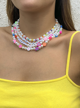 欧美跨境饰品 简约水果花朵编织混搭项链 气质仿珍珠多层锁骨项饰