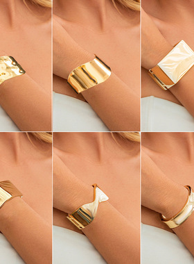 欧美跨境个性不规则光面金属宽手镯bracelet 时尚C形纹理开口手饰