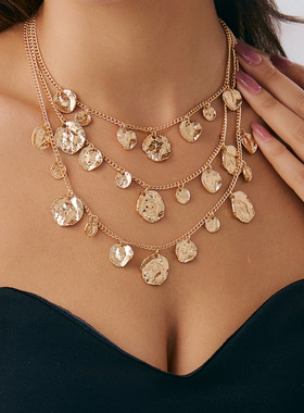 欧美跨境嘻哈ins褶皱圆片吊坠项