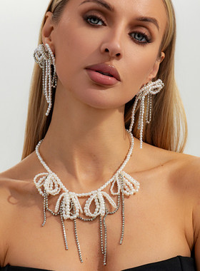 欧美跨境气质仿珍珠蝴蝶结串珠项