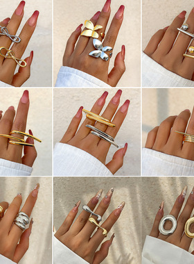 欧美跨境夸张法式金属质感光面蝴蝶戒指女简约蝴蝶结双指指环Ring