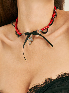 欧美风辣妹丝带蝴蝶结十字架项链