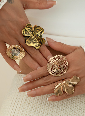 欧美跨境个性复古银杏叶花朵戒指