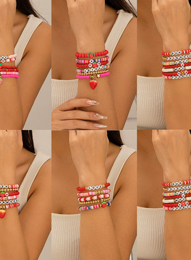欧美甜酷ins风草莓软陶串珠手链女波西米亚字母弹力手饰bracelet