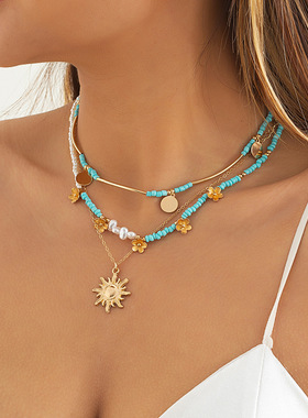 复古民族风太阳花吊坠锁骨项链欧