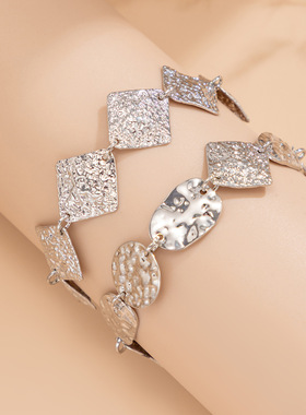 欧美跨境时尚几何金属褶皱方块手