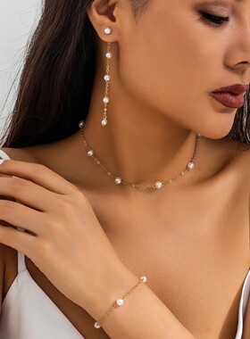 欧美跨境气质简约珍珠链条流苏项链女 ins冷淡风多层颈链necklace