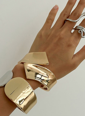 欧美跨境撞色ins几何弹簧扣开口手镯女 设计蛇形金属光面缠绕手环