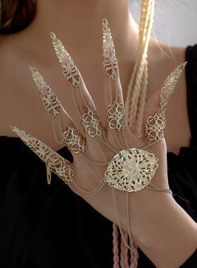 欧美跨境饰品 哥特风金属链条连指手链女 个性锥形流苏指甲手背链