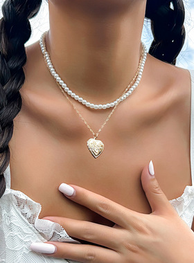 欧美跨境饰品 甜酷度假风爱心吊坠辣妹项饰 小众珍珠百搭项链女