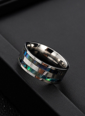 外贸2023手饰品镶嵌鲍鱼贝材料钛钢不锈钢钛钢男士指环手饰太钢
