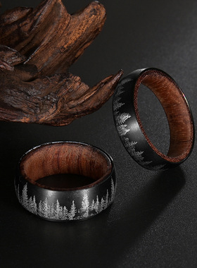 欧美北美森林系钛钢指环戒指镭射森林狼高密度梨木实木内圈戒指