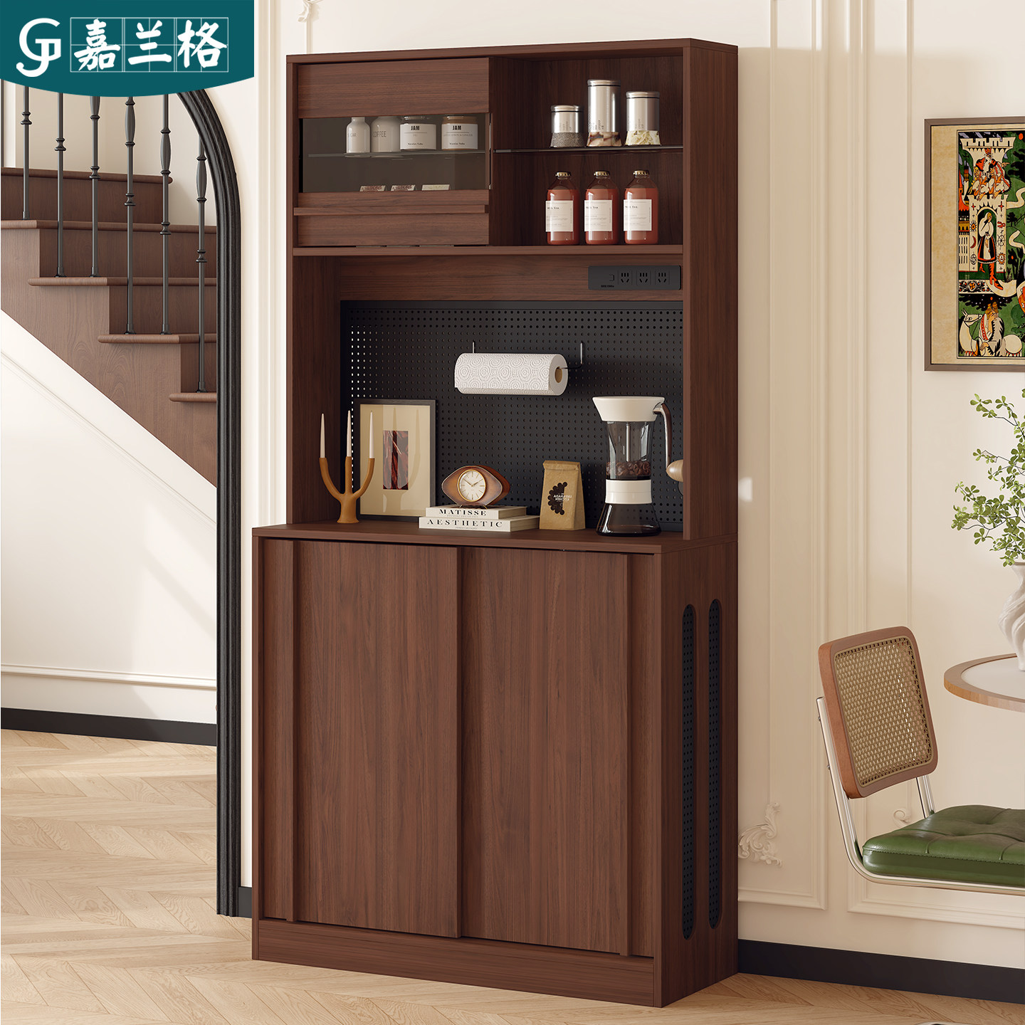 Solid wood sideboard with integrated storage cabinet against the wall