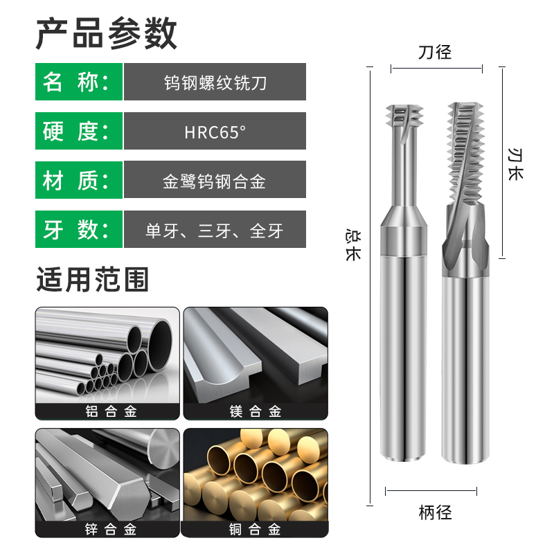 65度螺纹铣刀单牙单牙全牙钨钢合金铝用铜用M1-M20公制牙刀加工 - 图1