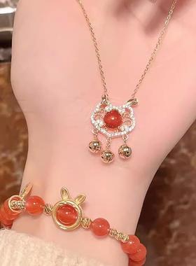 儿童项链古风新中式平安锁轻奢小众猫眼石锁骨链设计感 铃铛 颈链