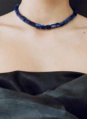 2024手工串珠天然青金石蓝玛瑙红纹石项链长方方块颈链轻奢小众设