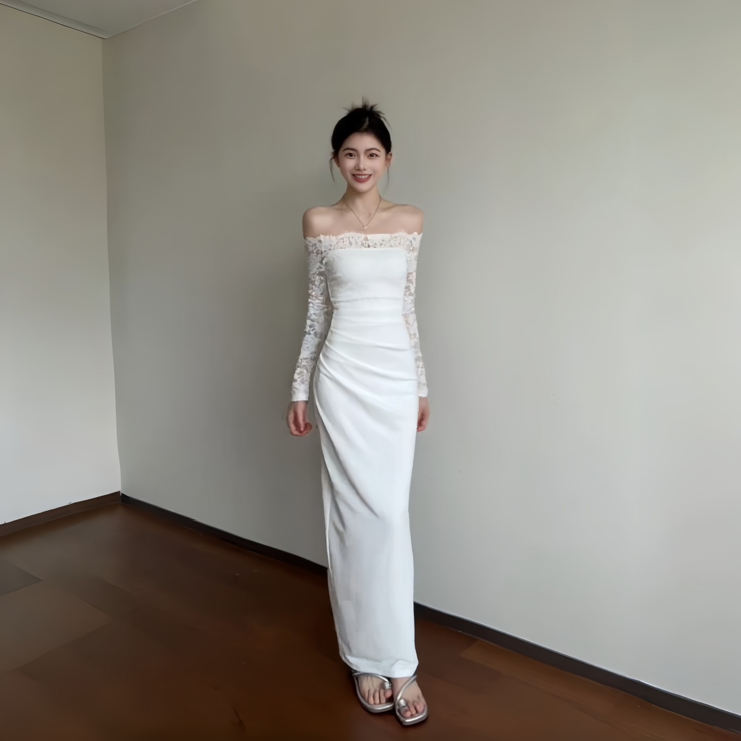 GirlsAt18 性感一字肩蕾丝长袖连衣裙女秋季气质修身白色礼服长裙,淘宝优惠券,粉丝福利购,淘宝优惠卷