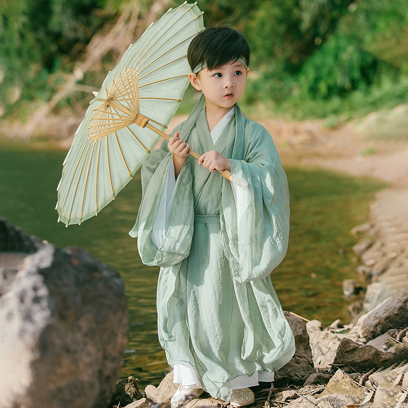 汉服男童中国风夏季汉服女童小女孩古风超仙魏晋风仙侠演出服广袖