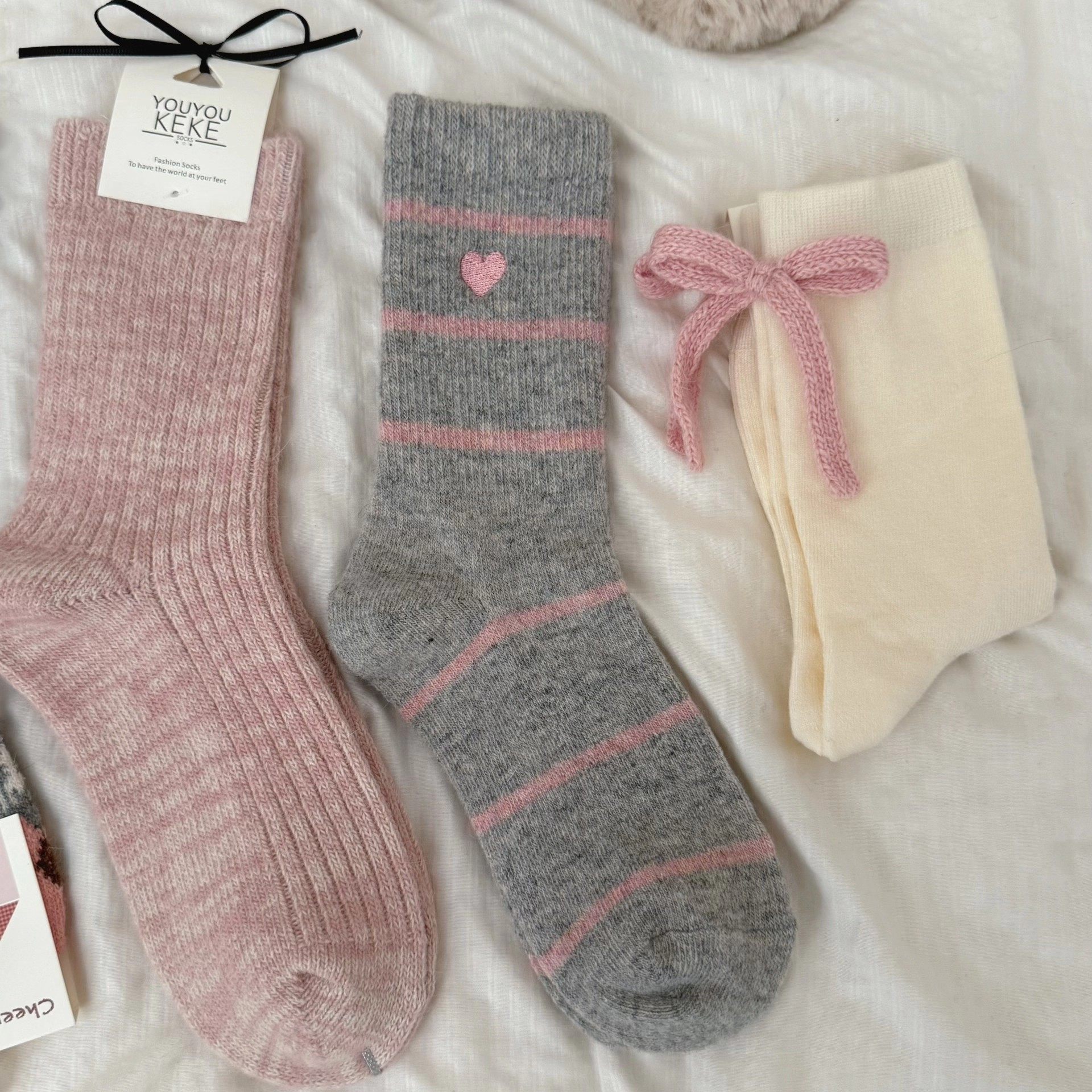 粉色系列暖秋袜子女中筒袜森系氛围感少女jk蝴蝶结百搭校园堆堆袜,淘宝优惠券,粉丝福利购,淘宝优惠卷
