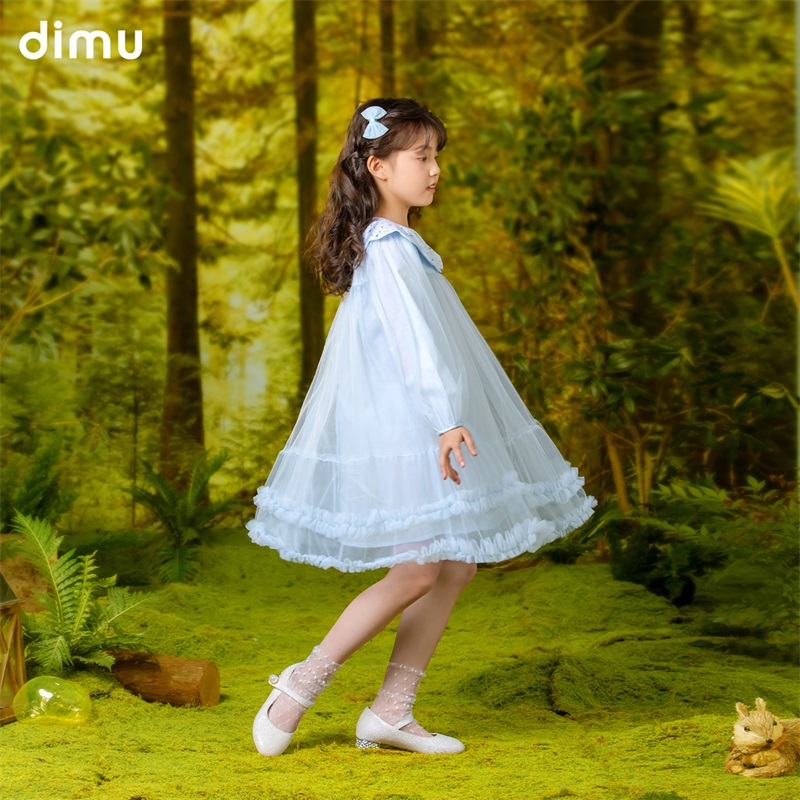 笛牧女童连衣裙2024秋装新款洋气时髦木耳边蓬蓬裙儿童网纱公主裙